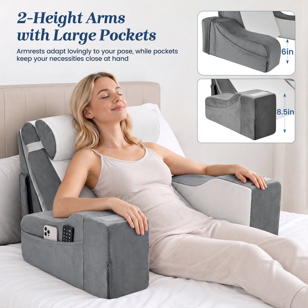 AMTPM Reading Pillow for Bed with Detachable Armrests, 2-in-1 Wedge Reading Pillow, 20°-55° Adjustable Headrest & Independent Lumbar Support Bed Reading Pillow for TV, Books, Nursing