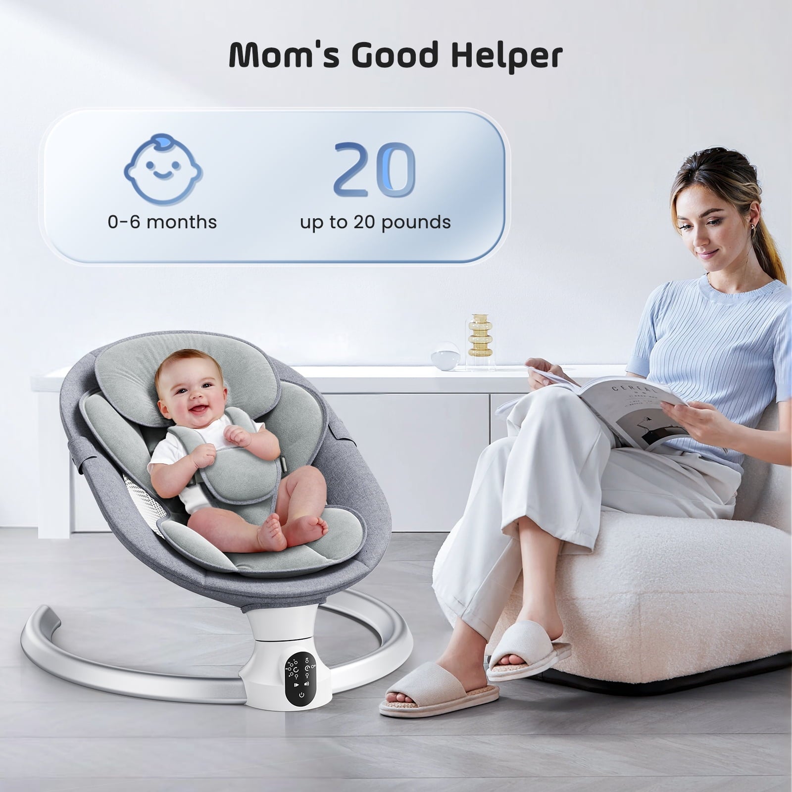 Doulami Electric Baby Swing for Newborn to Toddler Portable Infant Swing Rocker with Remote & APP Control & IMD Touch Panel, 5 Sway Speeds, 10 Lullabies, Gray