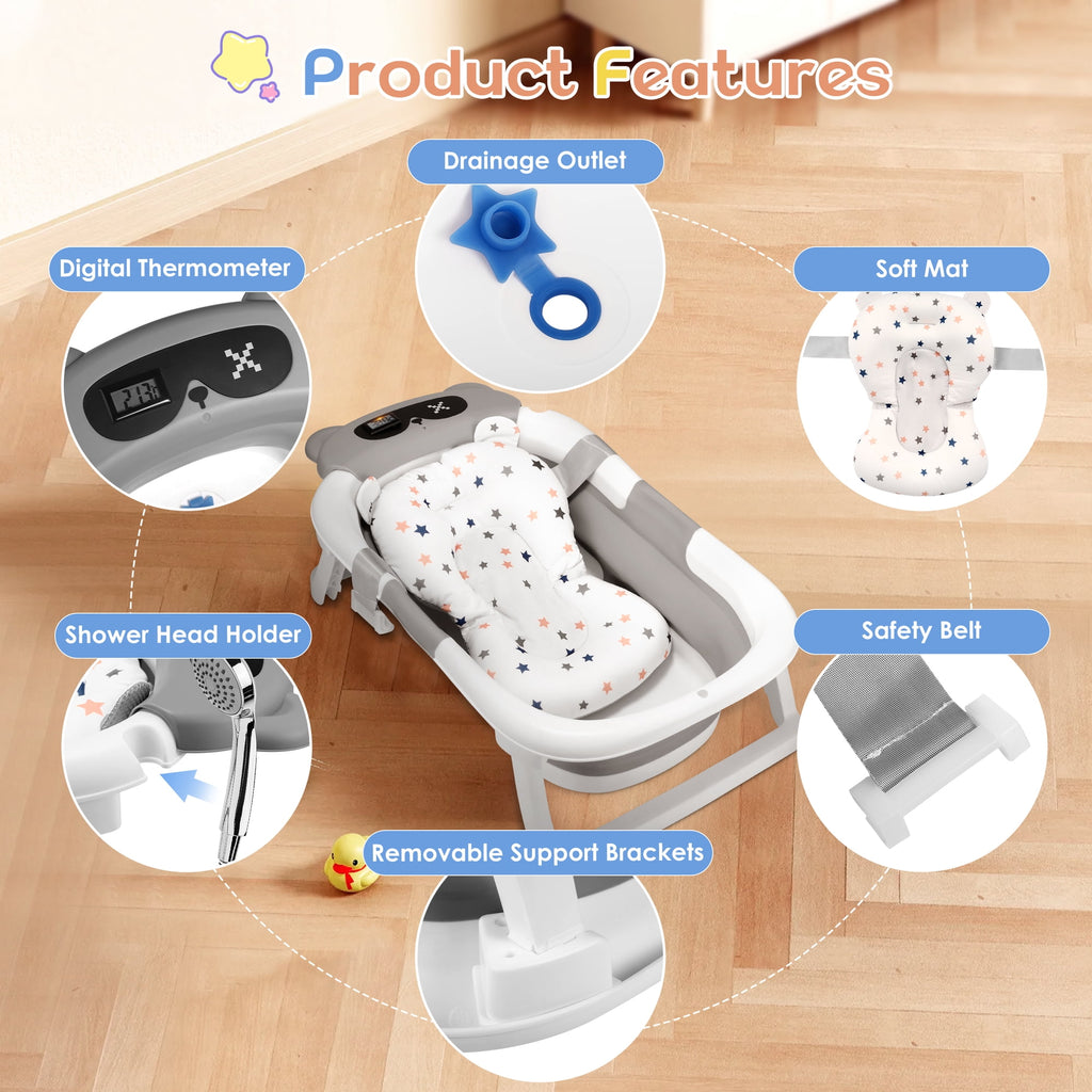 Doulami Collapsible Baby Bathtub for Infants Baby Tubs for Newborns with Cushion and Thermometer, 0-36 Month(Gray)