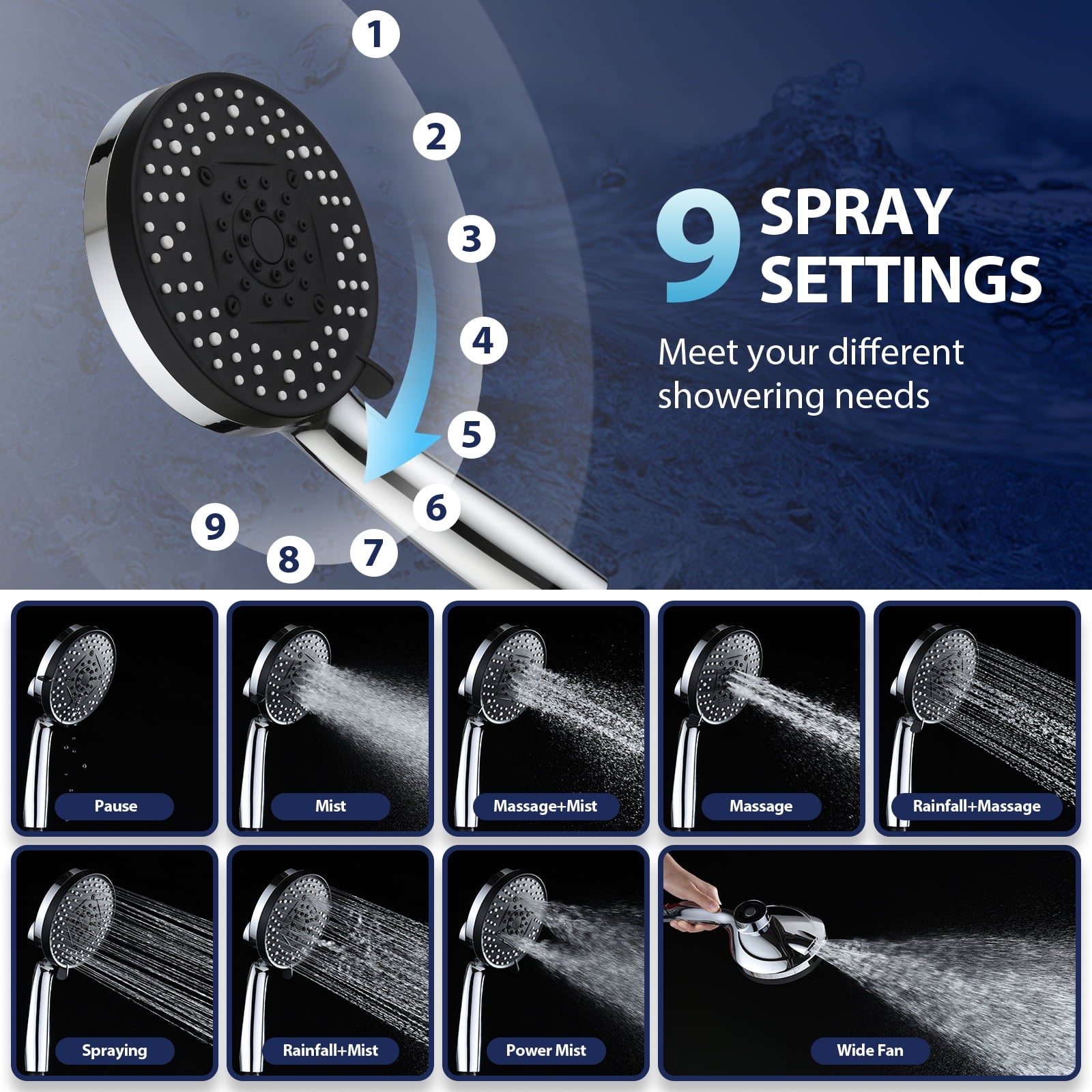 INAVAMZ 12 inch Rain Shower Head and Handheld Combo, High Pressure Shower, 3+8+1 Spray Modes, Magnetic Dock, Power Jet, Anti-Clog Nozzles, 60" Hose,Silver