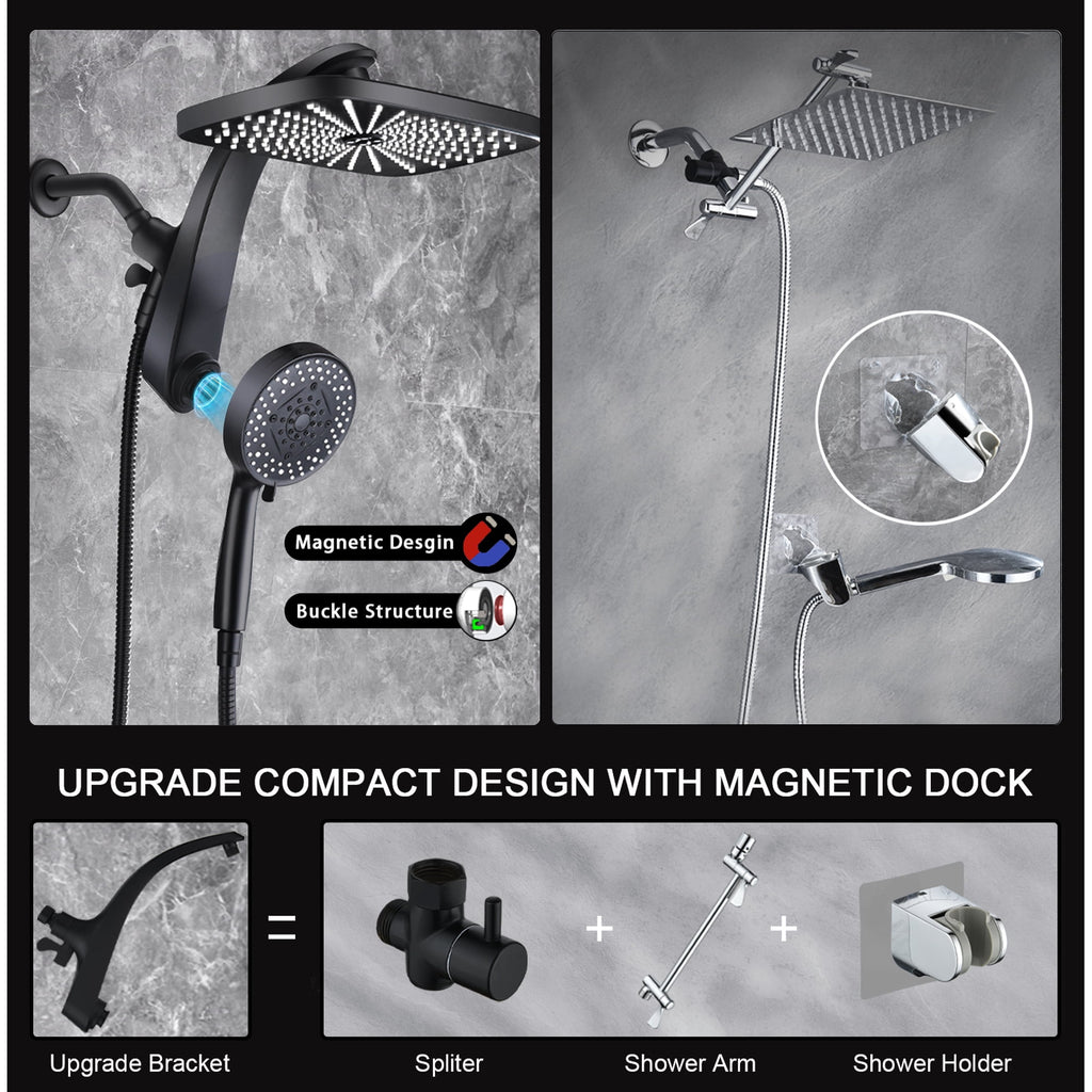INAVAMZ 12 inch Rain Shower Head and Handheld Combo, High Pressure Shower, 3+8+1 Spray Modes, Magnetic Dock, Power Jet, Anti-Clog Nozzles, 60" Hose, Black