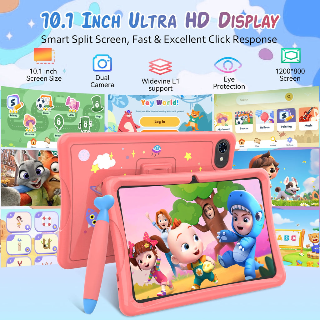 Kids Tablet, Android 15 Tablet for Kids 10.1 inch Ouad-Core with Case, 64GB 1TB TF Card Expandable for Toddler Children, Parental Control, Dual Camera, WiFi,Gift, PINK