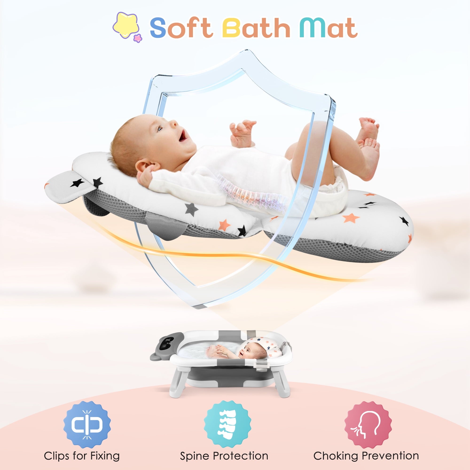 Doulami Collapsible Baby Bathtub for Infants Baby Tubs for Newborns with Cushion and Thermometer, 0-36 Month(Gray)