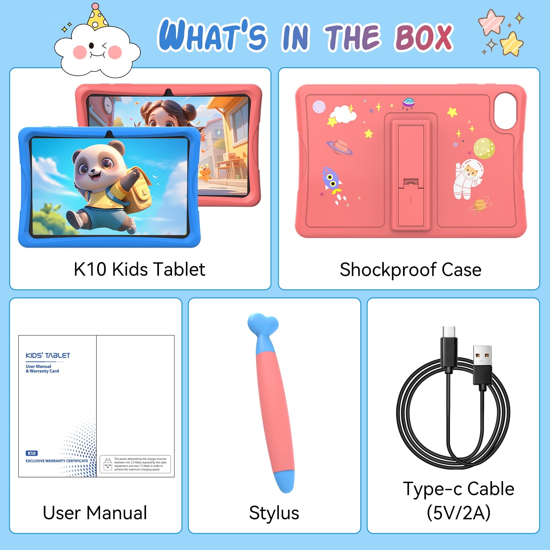 Kids Tablet, Android 15 Tablet for Kids 10.1 inch Ouad-Core with Case, 64GB 1TB TF Card Expandable for Toddler Children, Parental Control, Dual Camera, WiFi,Gift, Blue
