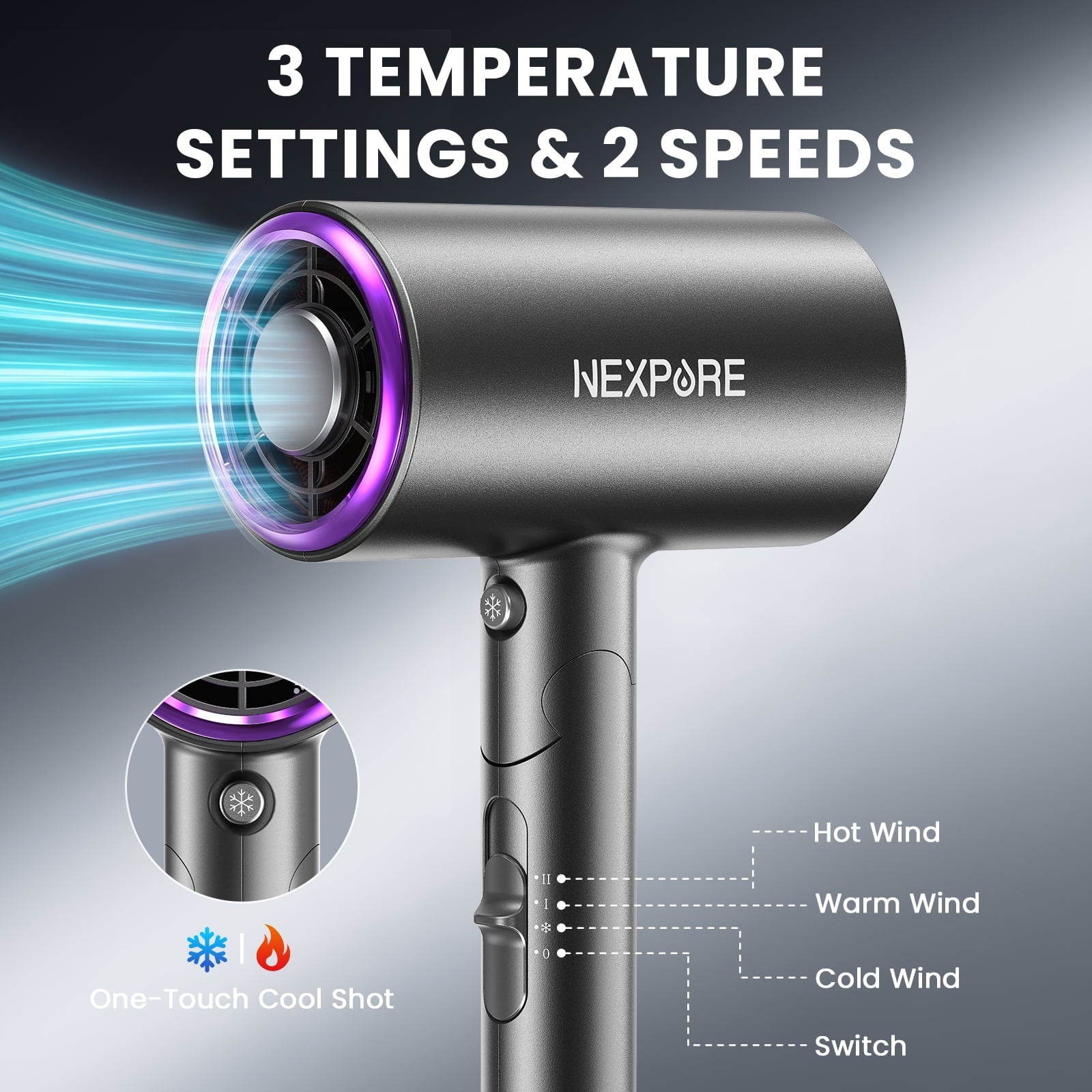 Hair Dryer, NEXPURE 1800W Professional Ionic Blow Dryer for Hair Care, Powerful Wind for Hair Drying, 2 Attachments, Grey