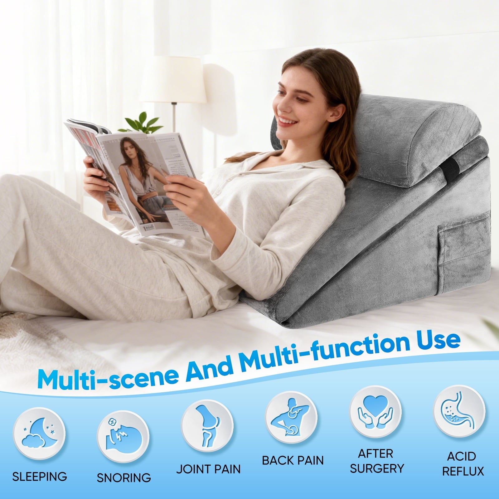 AMTPM Wedge Pillow - 12"Memory Foam Triangle Cushion for Sleep Apnea, Acid Reflux, Snoring Relief, Back & Leg Elevation, Post Surgery Recovery, Adjustable incline