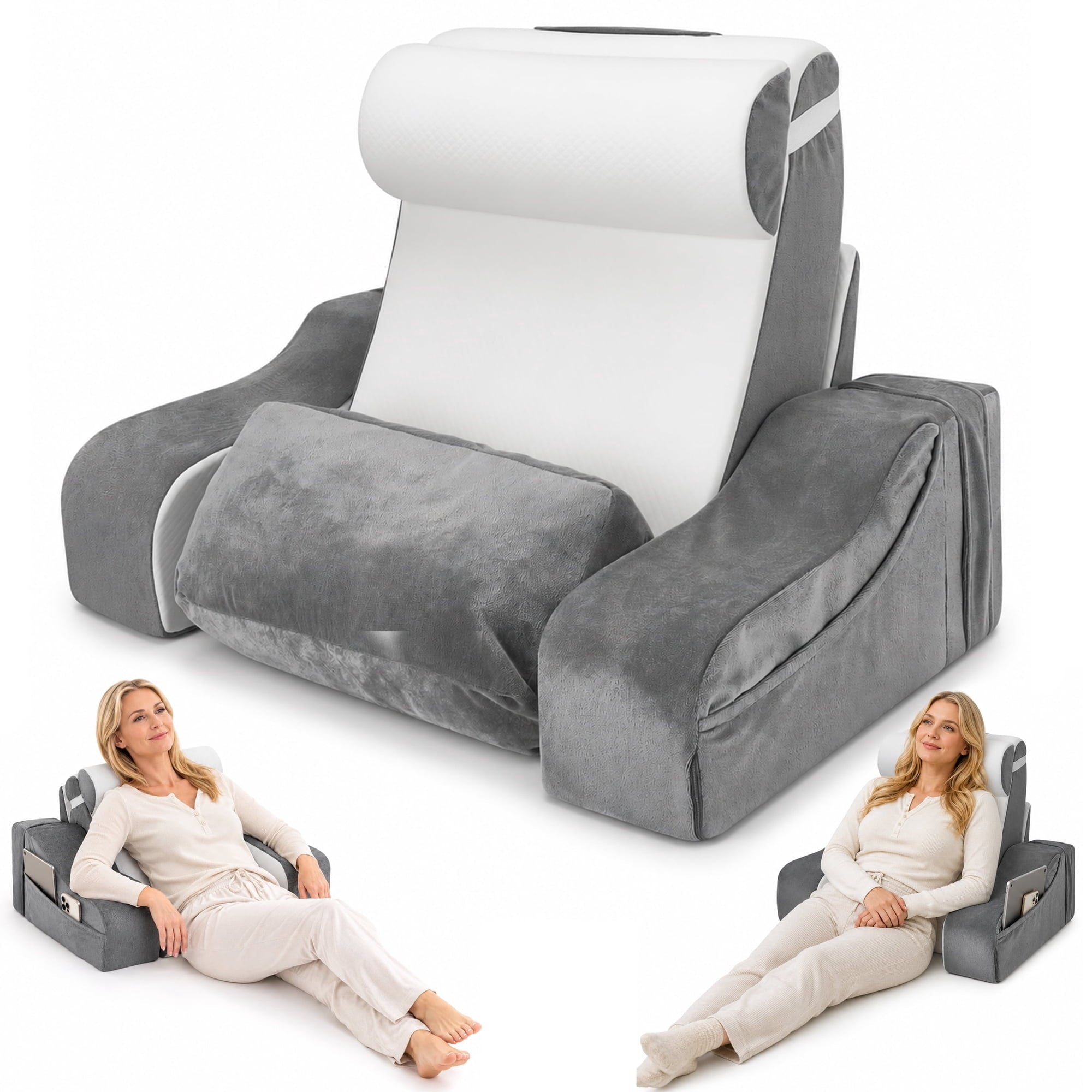 AMTPM Reading Pillow for Bed with Detachable Armrests, 2-in-1 Wedge Reading Pillow, 20°-55° Adjustable Headrest & Independent Lumbar Support Bed Reading Pillow for TV, Books, Nursing