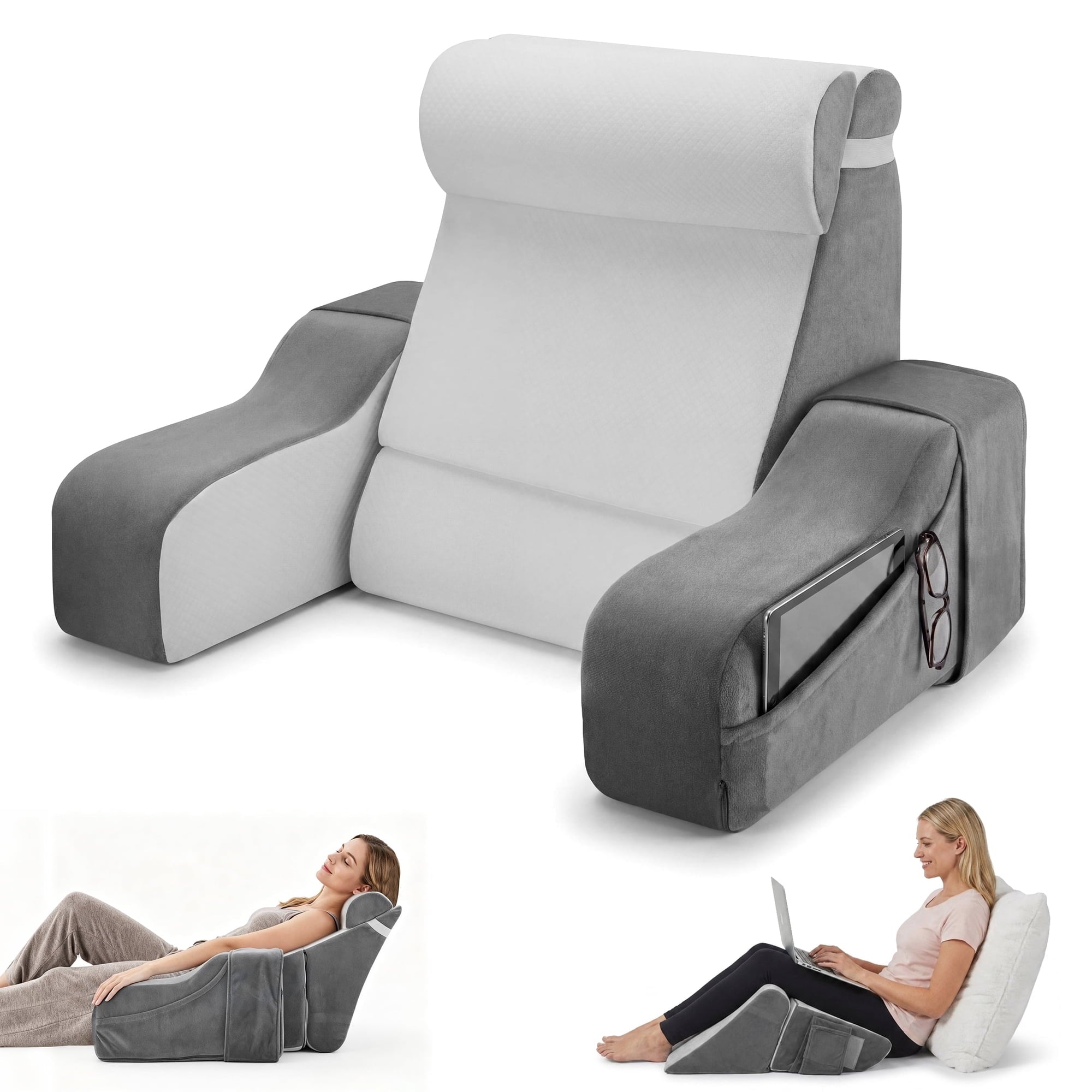 AMTPM Reading Pillow with Armrests, 2-in-1 Wedge Reading Pillow, 20°-55° Adjustable Bed Rest Pillow with Armrests, Convertible Wedge Pillow for Reading, Gaming, TV