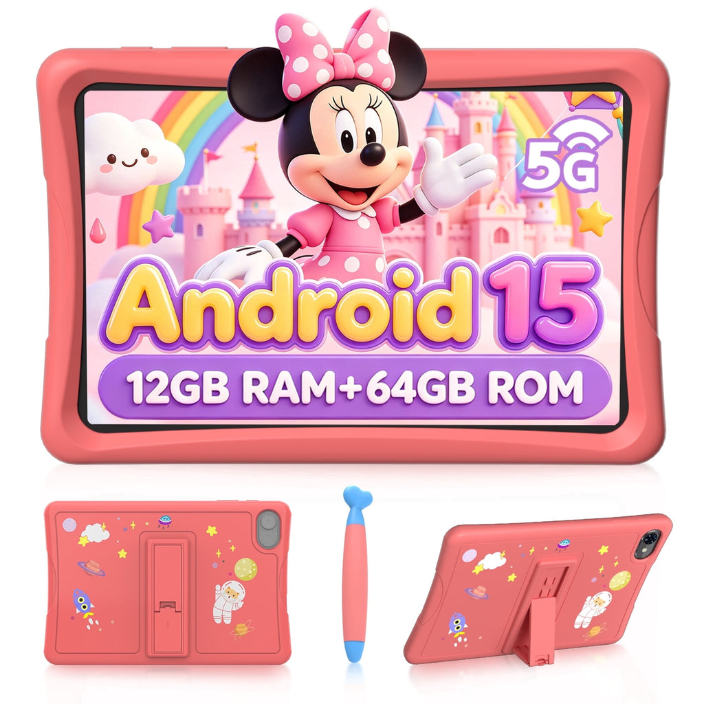 Kids Tablet, Android 15 Tablet for Kids 10.1 inch Ouad-Core with Case, 64GB 1TB TF Card Expandable for Toddler Children, Parental Control, Dual Camera, WiFi,Gift, PINK