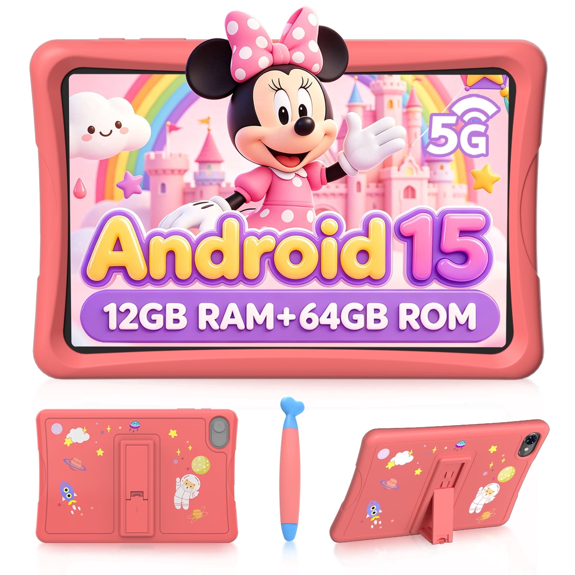 Kids Tablet, Android 15 Tablet for Kids 10.1 inch Ouad-Core with Case, 64GB 1TB TF Card Expandable for Toddler Children, Parental Control, Dual Camera, WiFi,Gift, PINK