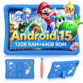Kids Tablet, Android 15 Tablet for Kids 10.1 inch Ouad-Core with Case, 64GB 1TB TF Card Expandable for Toddler Children, Parental Control, Dual Camera, WiFi,Gift, Blue