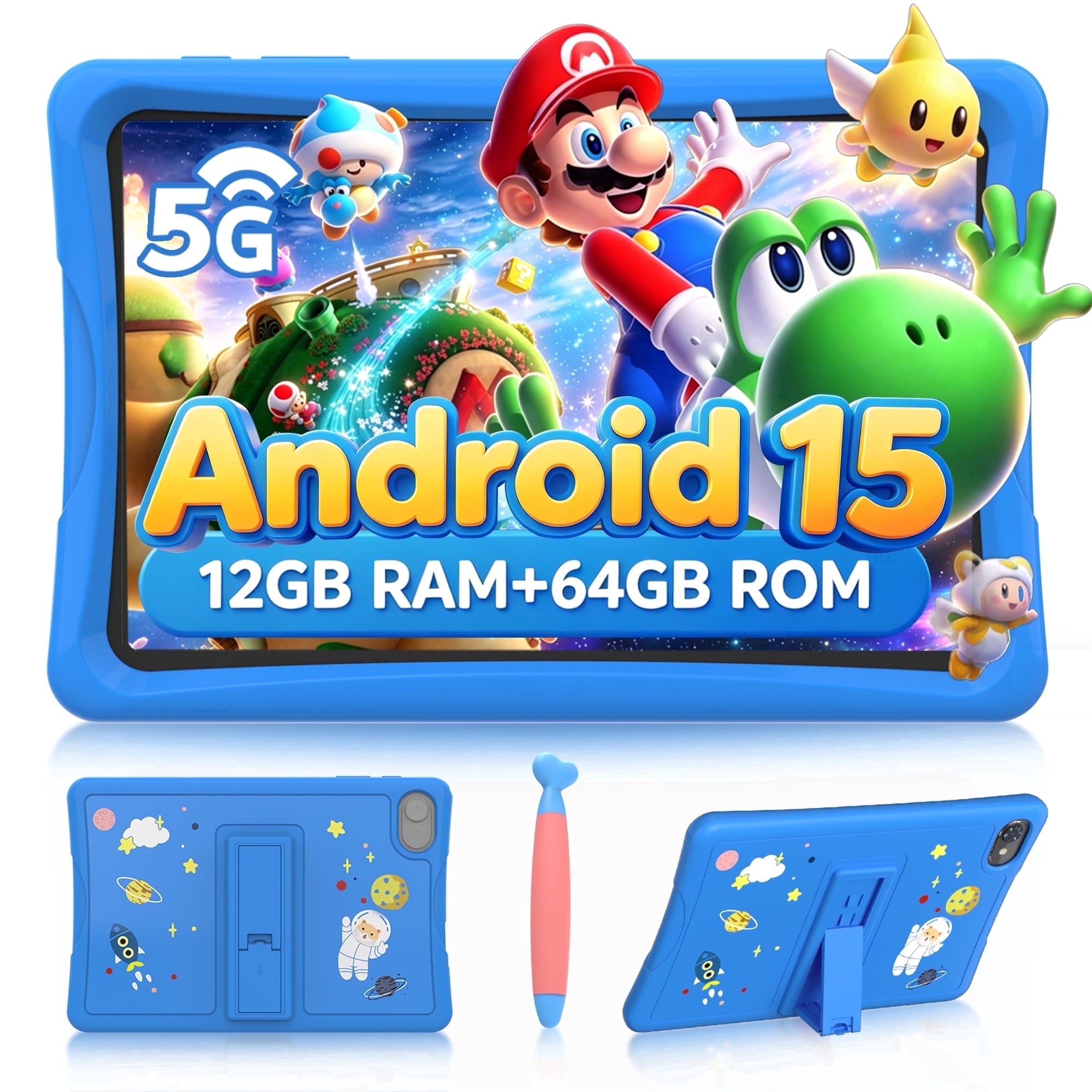 Kids Tablet, Android 15 Tablet for Kids 10.1 inch Ouad-Core with Case, 64GB 1TB TF Card Expandable for Toddler Children, Parental Control, Dual Camera, WiFi,Gift, Blue