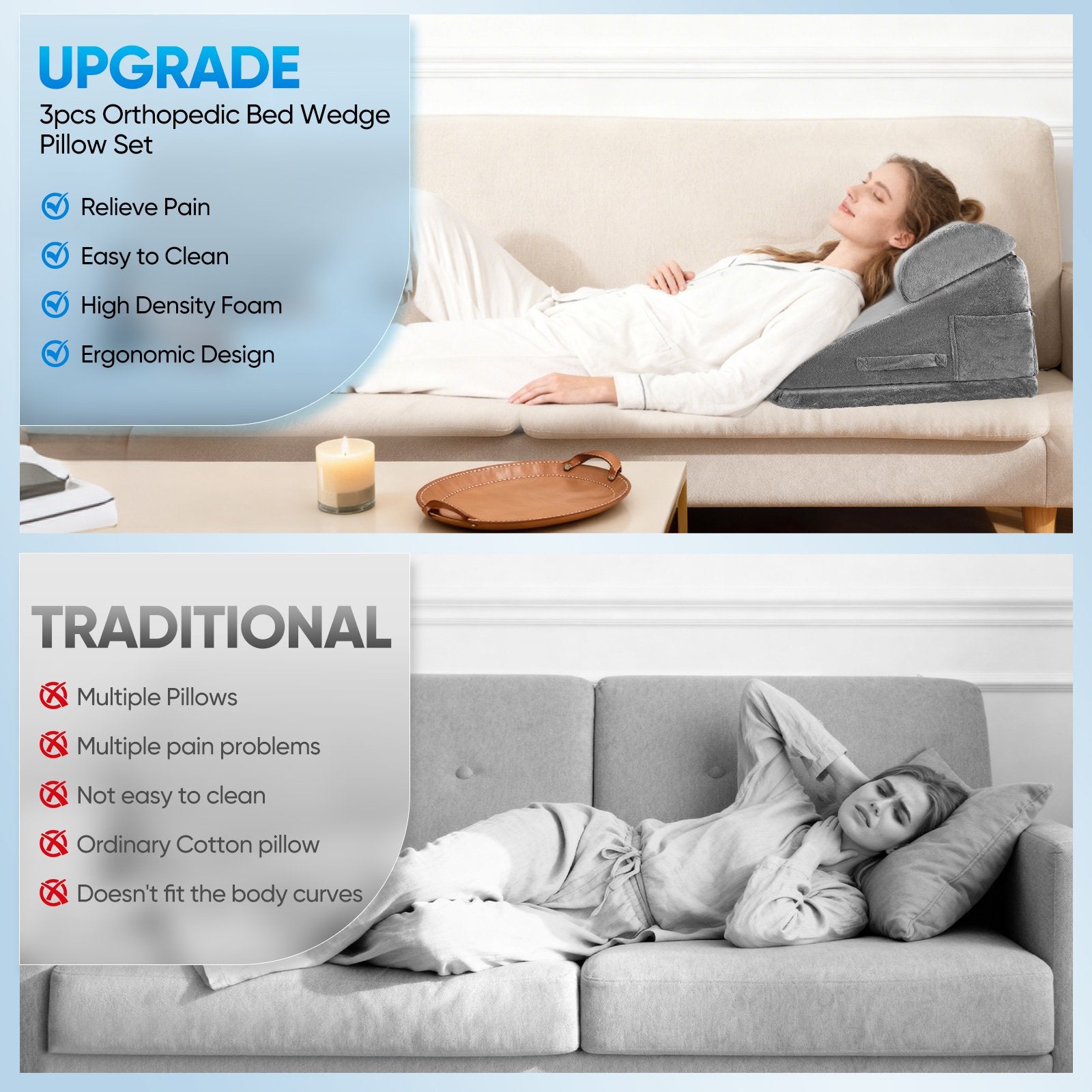 AMTPM Wedge Pillow - 12"Memory Foam Triangle Cushion for Sleep Apnea, Acid Reflux, Snoring Relief, Back & Leg Elevation, Post Surgery Recovery, Adjustable incline