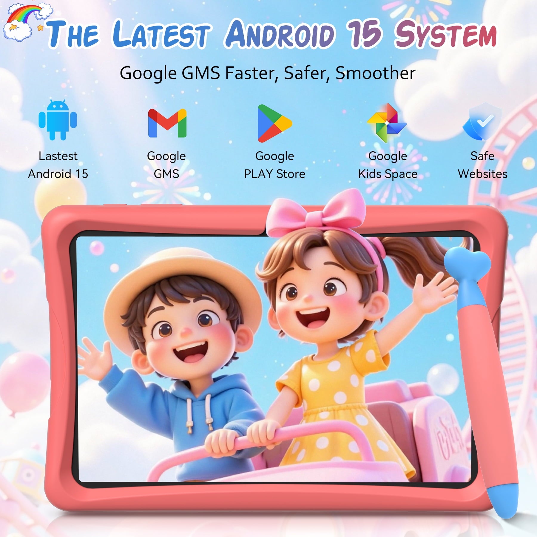 Kids Tablet, Android 15 Tablet for Kids 10.1 inch Ouad-Core with Case, 64GB 1TB TF Card Expandable for Toddler Children, Parental Control, Dual Camera, WiFi,Gift, PINK