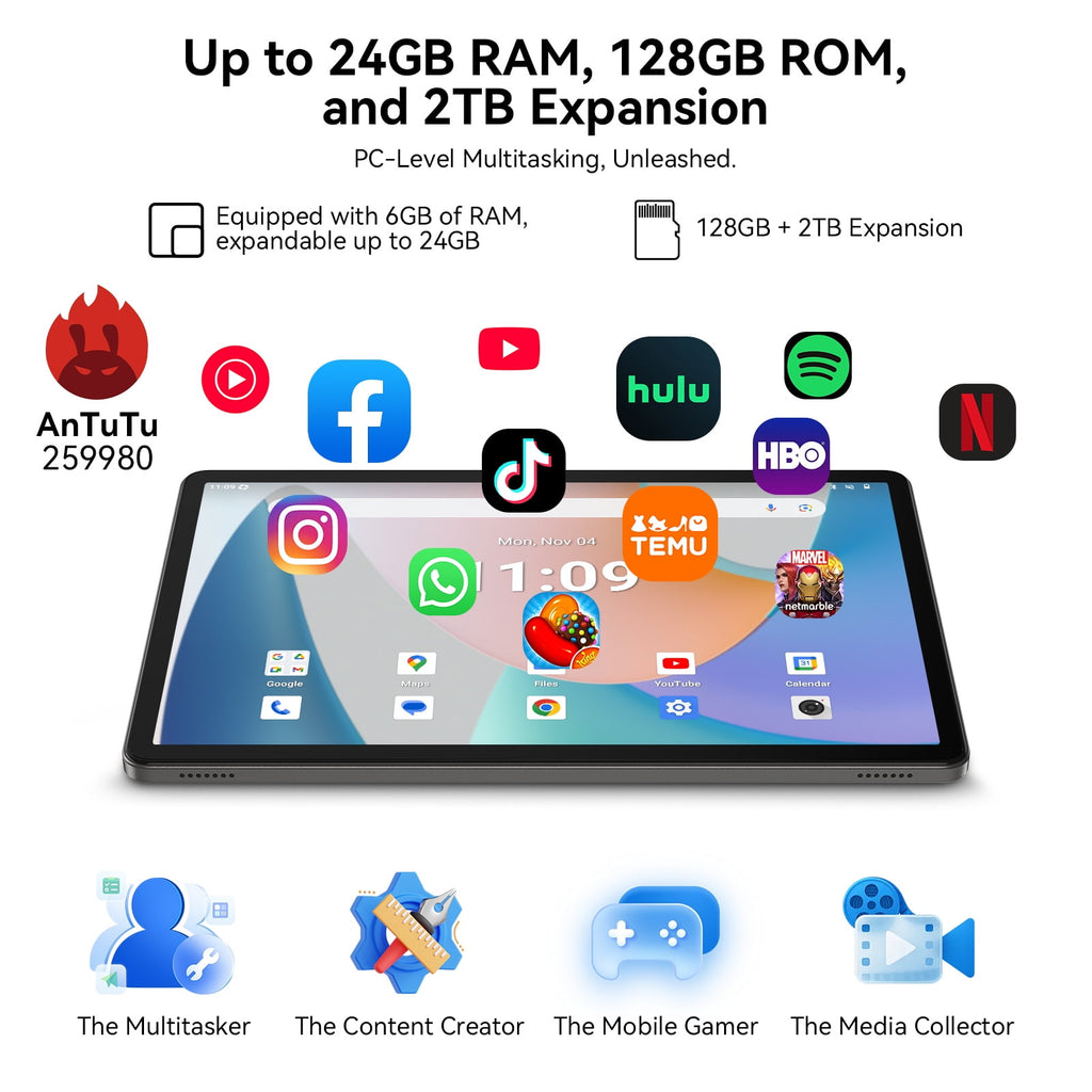 Android 16 AI Tablet,11 Inch Tablet with 24GB RAM 128GB ROM,Octa-Core T7250 Processor,90Hz Display,8000mAh Battery with Fast Charging & OTG Reverse Charge,Gemini AI Tablets