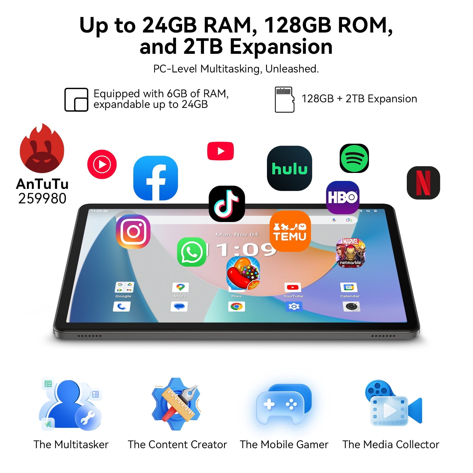 Android 16 AI Tablet,11 Inch Tablet with 24GB RAM 128GB ROM,Octa-Core T7250 Processor,90Hz Display,8000mAh Battery with Fast Charging & OTG Reverse Charge,Gemini AI Tablets