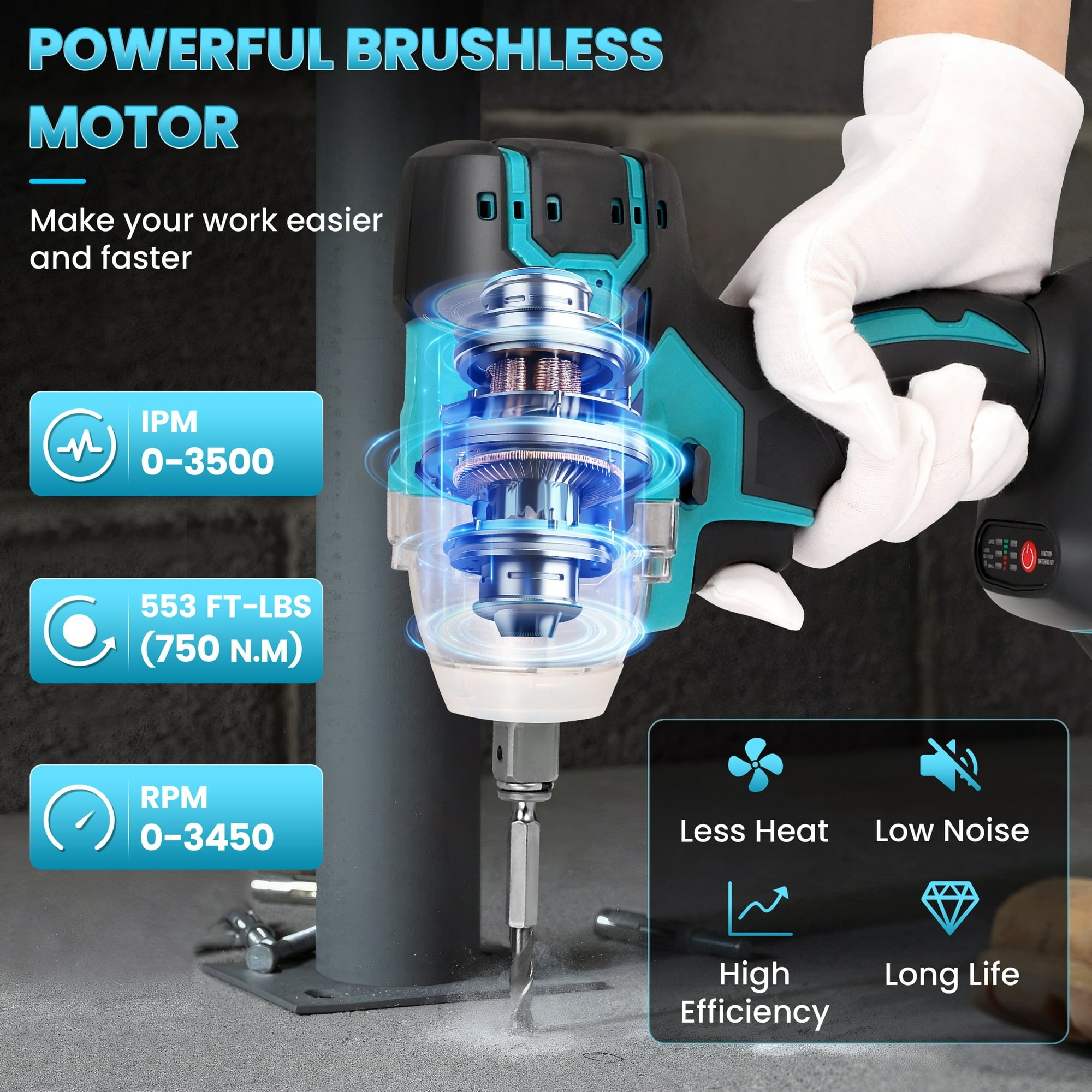 RELOIVE Cordless Impact Wrench 1/2", 553ft-lbs (750N.m) High Torque Impact Wrench with 2x 4.0Ah Batteries Brushless Motor Electric Impact Gun Impact Driver for Car Home